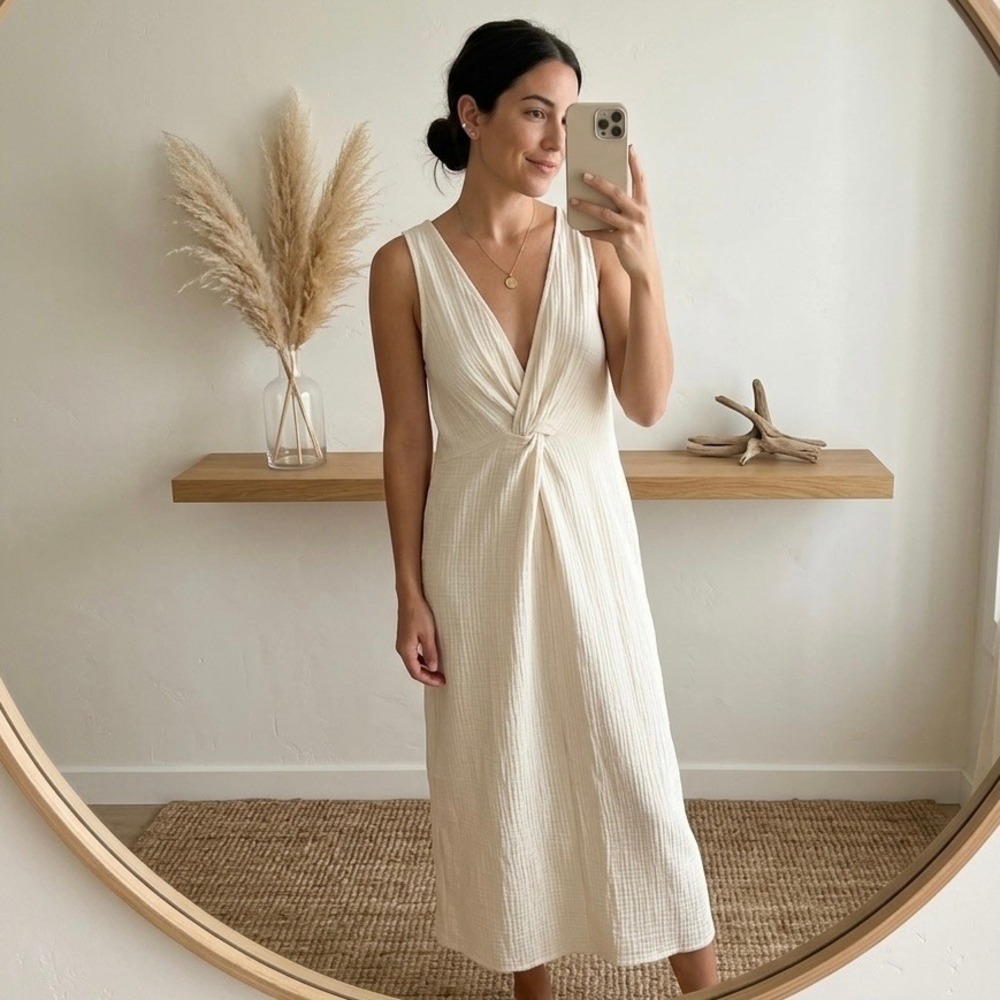 AMADI Dress XS Cream Cotton Gauze Twist Front Midi Sleeveless Lagenlook Beachy